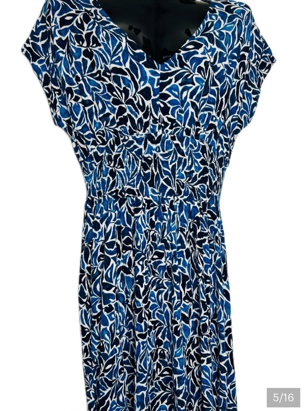 Blue Floral Print Women's Dress - Elegant V-Neck - Picture 10 of 14